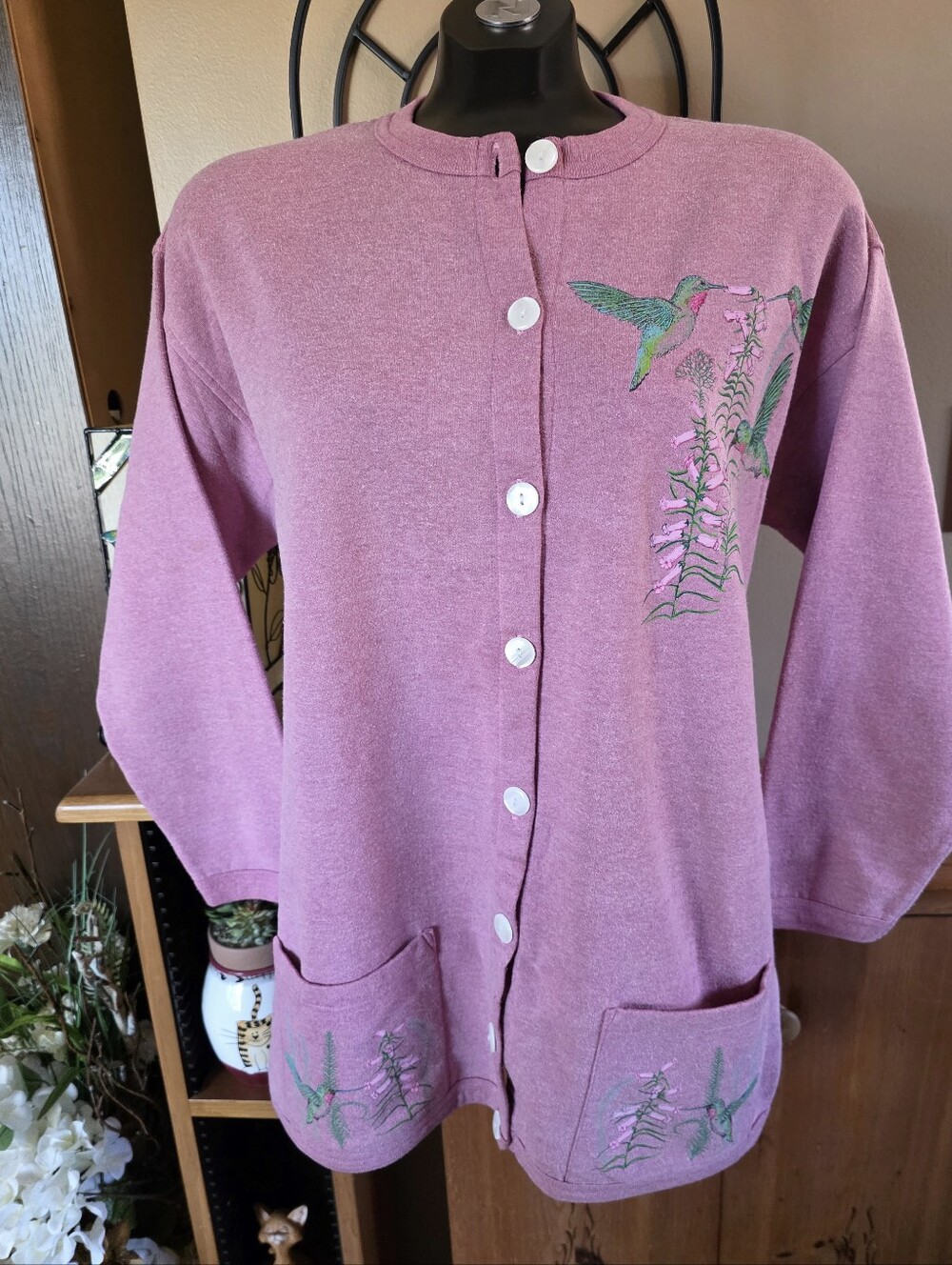 Vintage 90s Cottagecore Dusty Rose Hummingbird Button-Front Fleece Cardigan